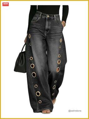 High Waisted Wide Leg Jeans with Grommet Eyelet Cutout Baggy Denim Pants Y2K